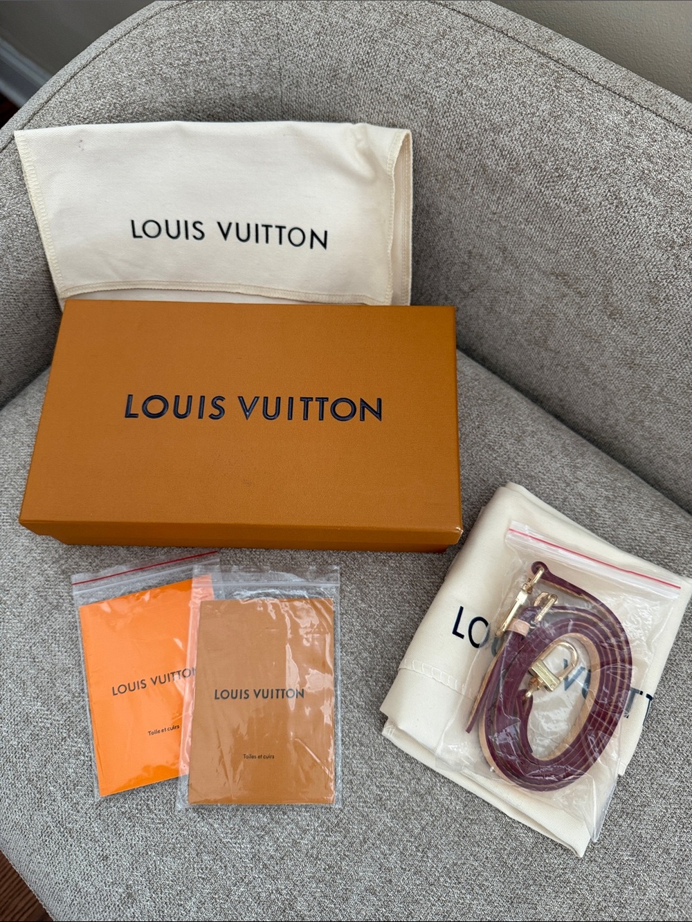 Louis Vuitton Leather Strap with Gold Hardware and boxes